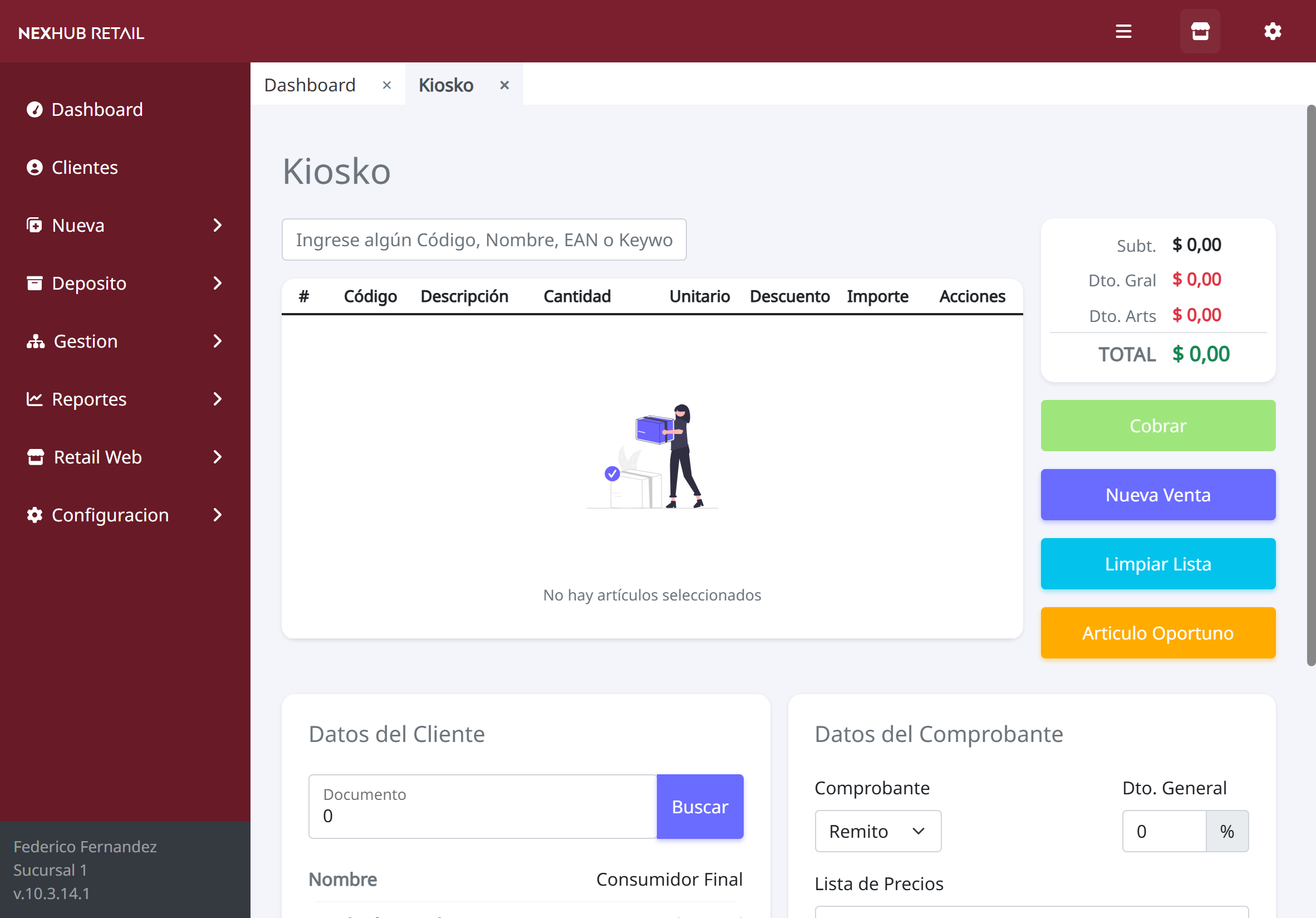 Interfaz de Nexhub Retail