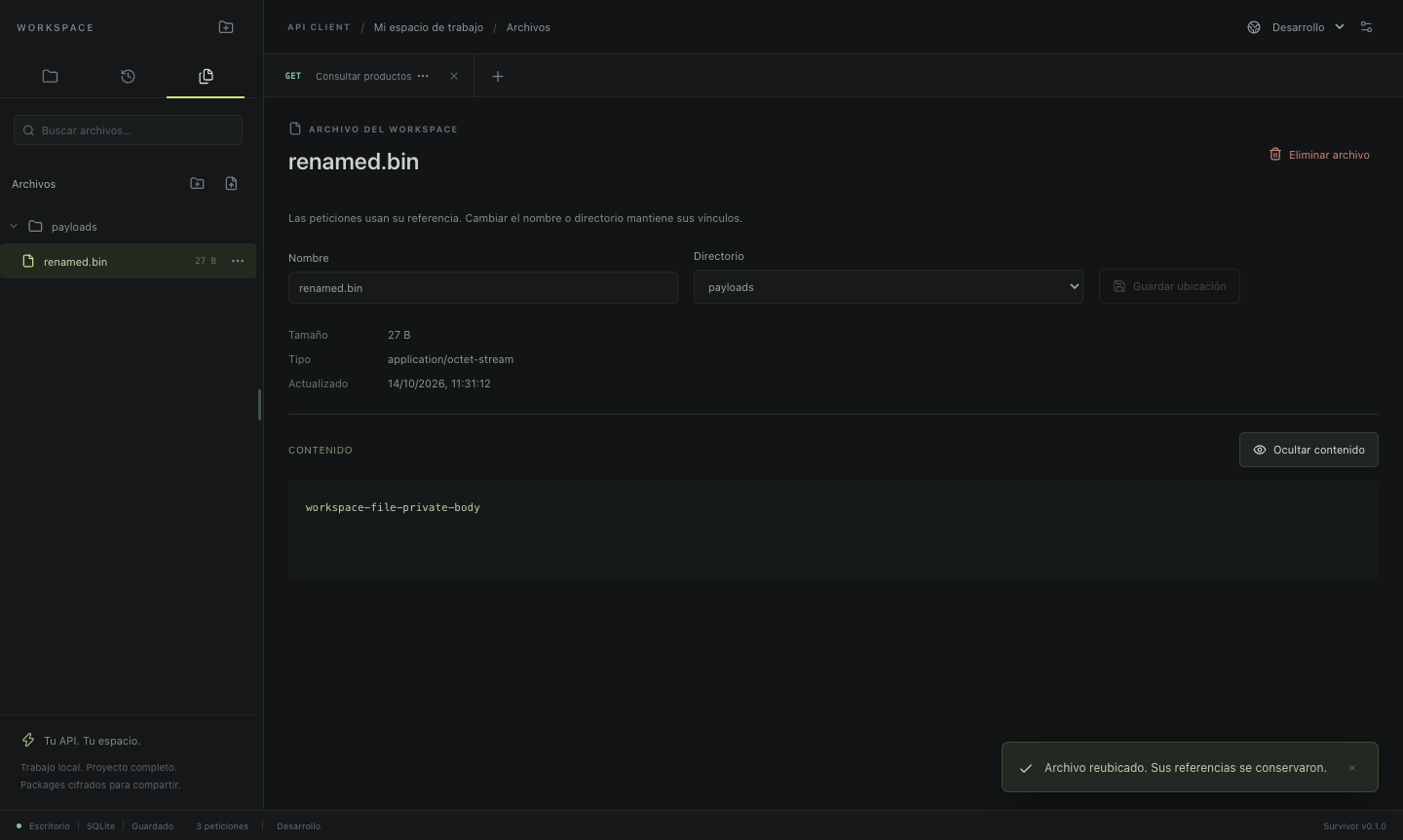 Biblioteca de archivos del workspace en Survivor, organizada por directorios