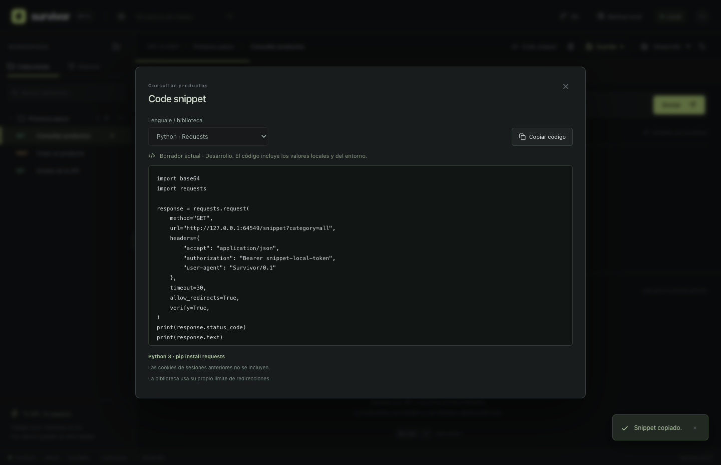 Modal Code snippet de Survivor con Python Requests
