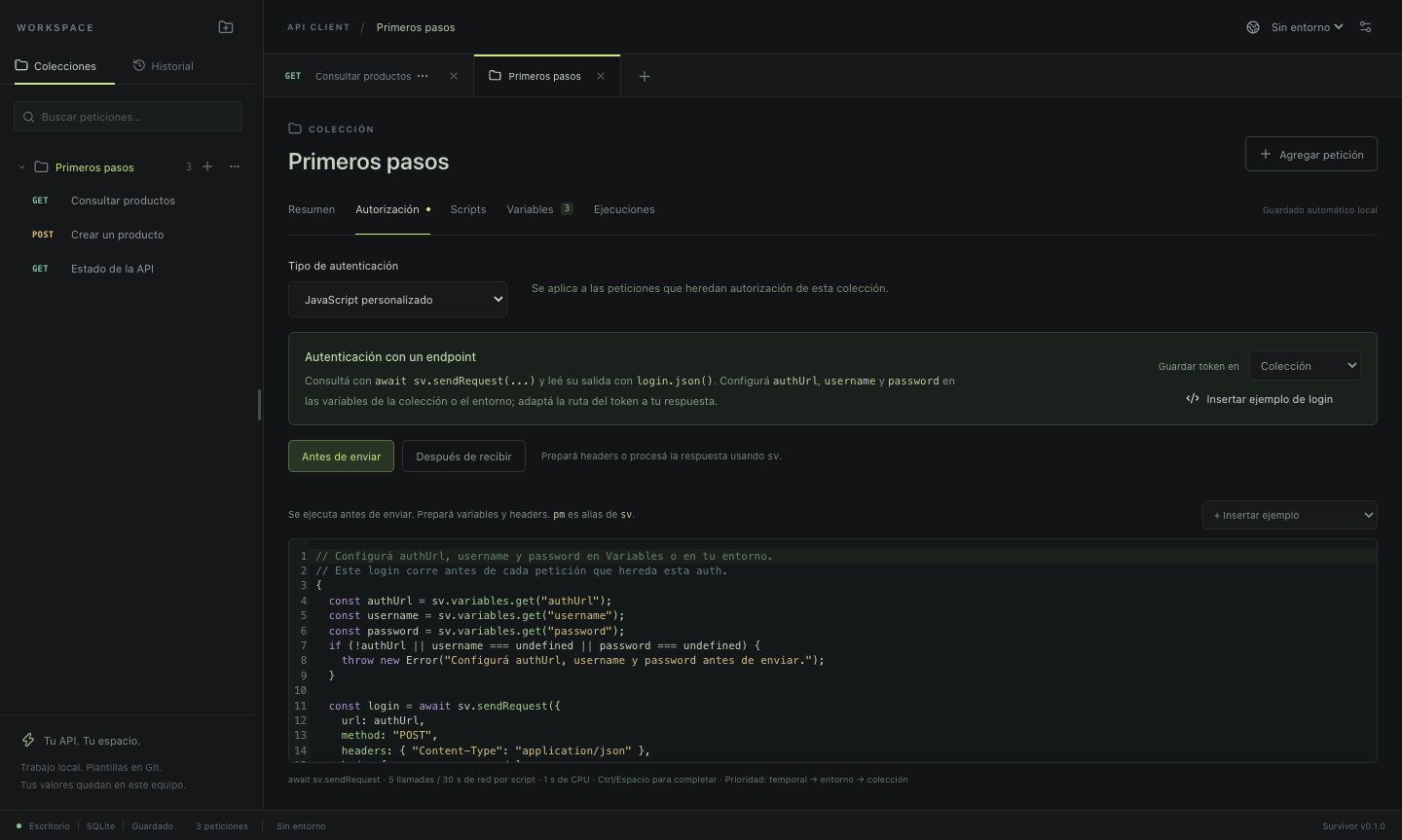Autorización de colección en Survivor con ejemplo de login por endpoint