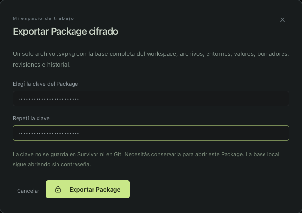 Diálogo Exportar Package cifrado de Survivor, con clave y confirmación