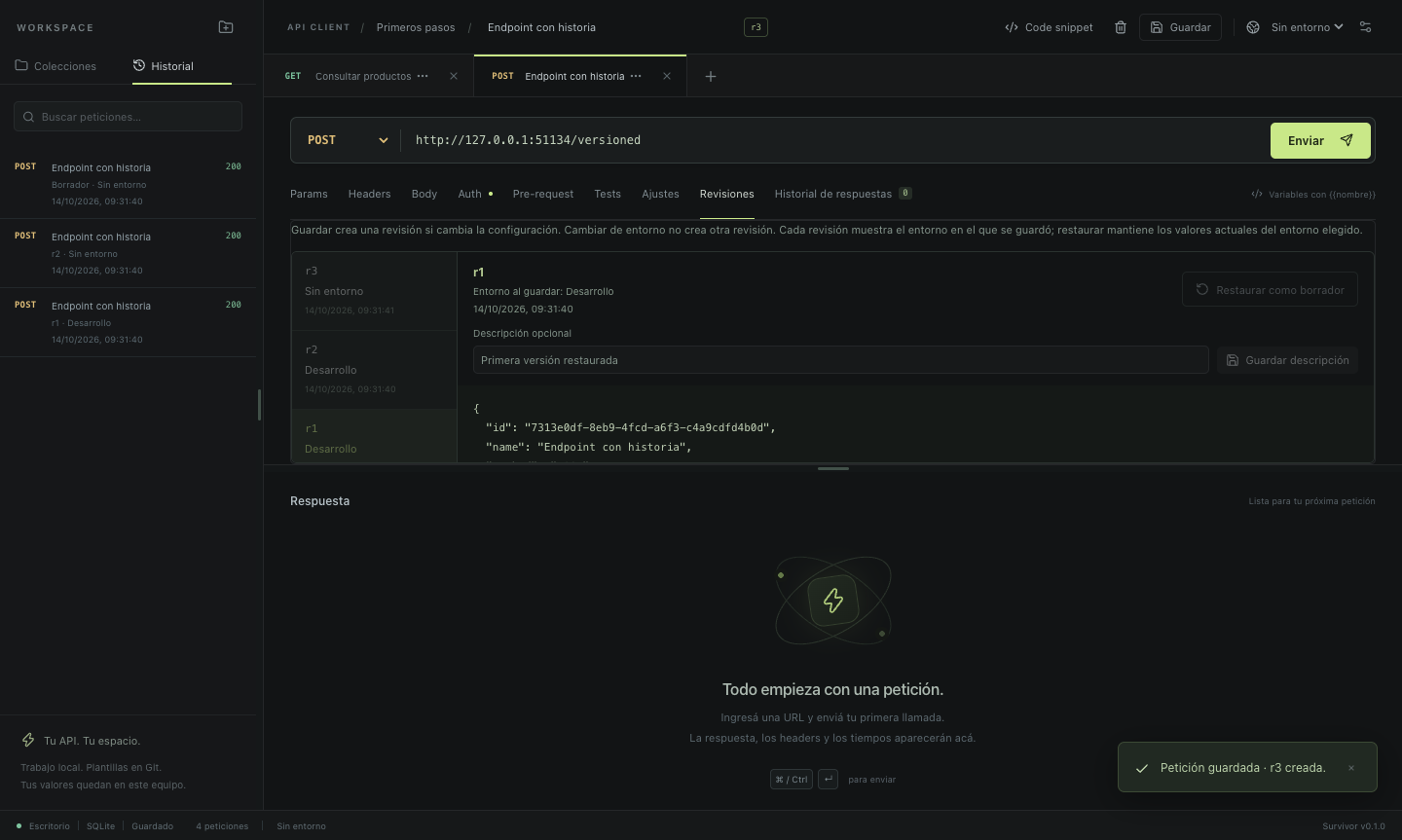 Lista de revisiones r1, r2 y r3 de un endpoint en Survivor