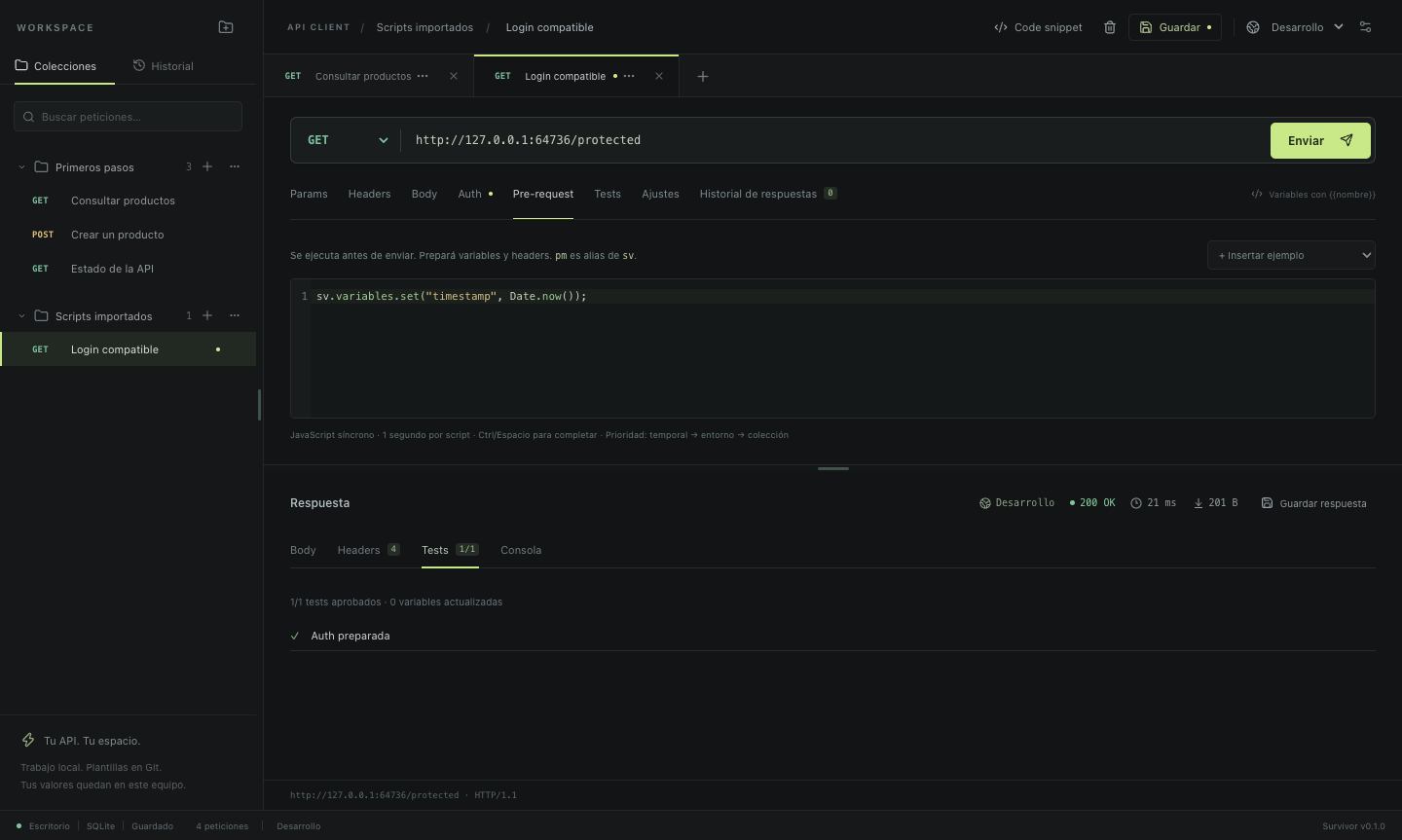 Editor de scripts Pre-request en Survivor con resultados de tests