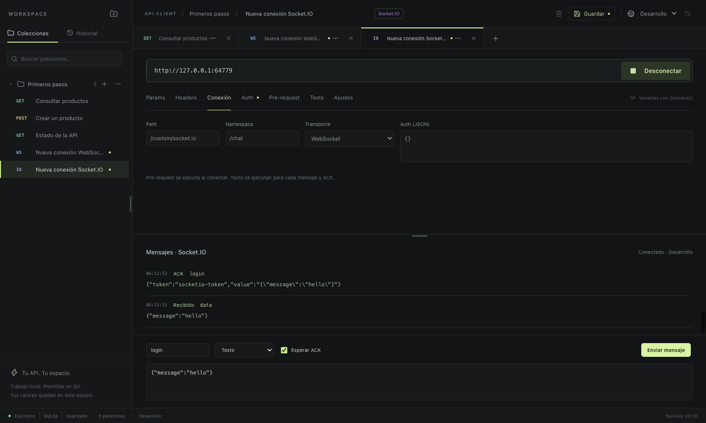 Conexión Socket.IO en Survivor: path, namespace, transporte, mensajes y ACK