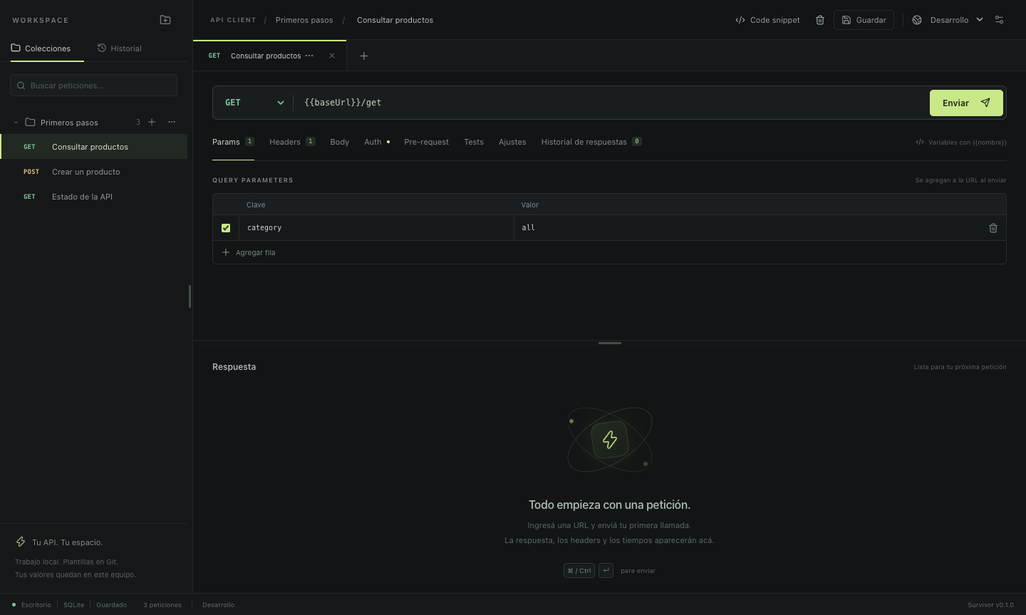 Survivor · área de trabajo con colecciones, petición GET y panel de respuesta